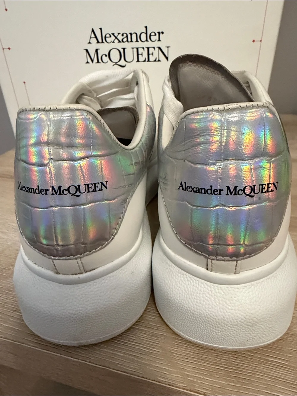 Alexander McQueen Larry White Platform Sneakers with Iridescent Heel Size 8.5